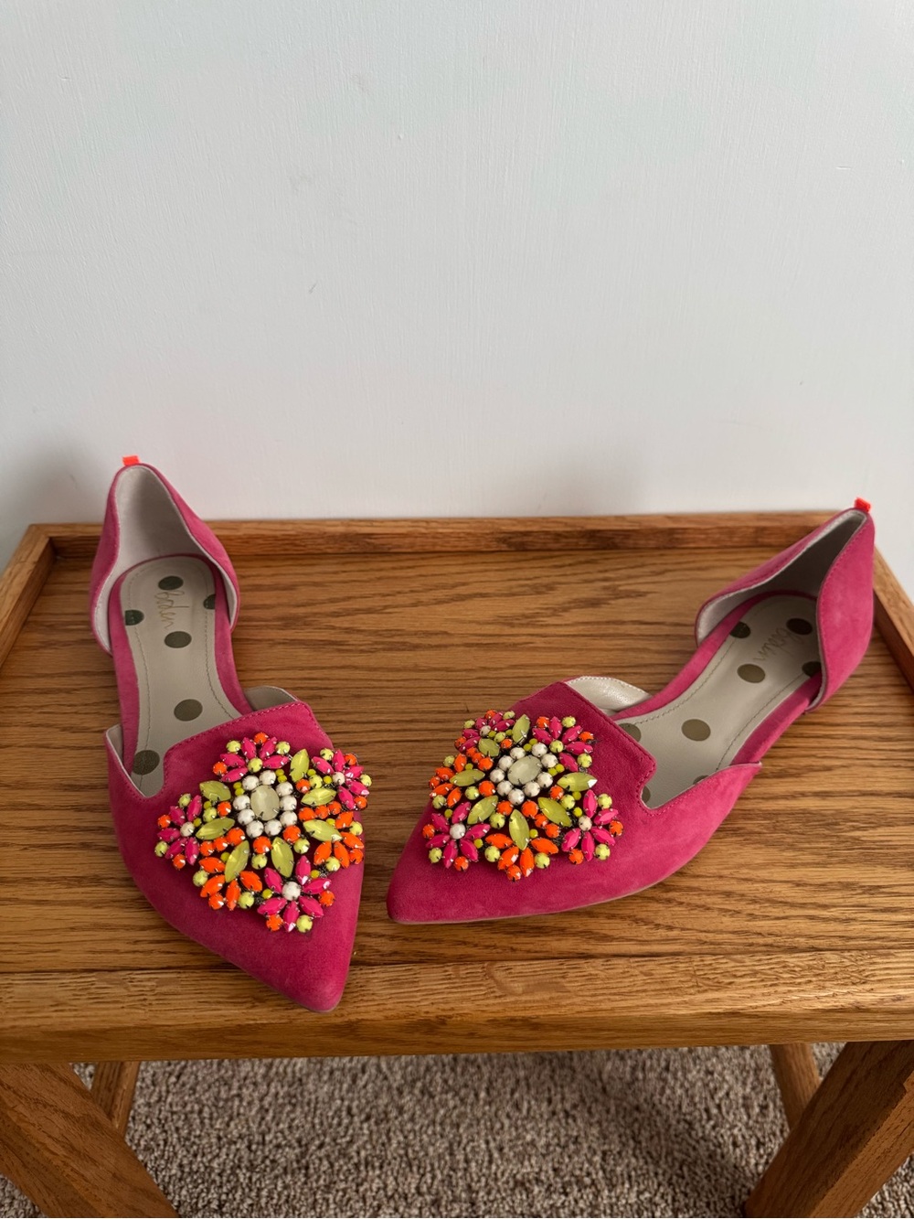 Boden Hot Pink Pointed D'Orsay Flats with Multicolor Bead Floral Applique